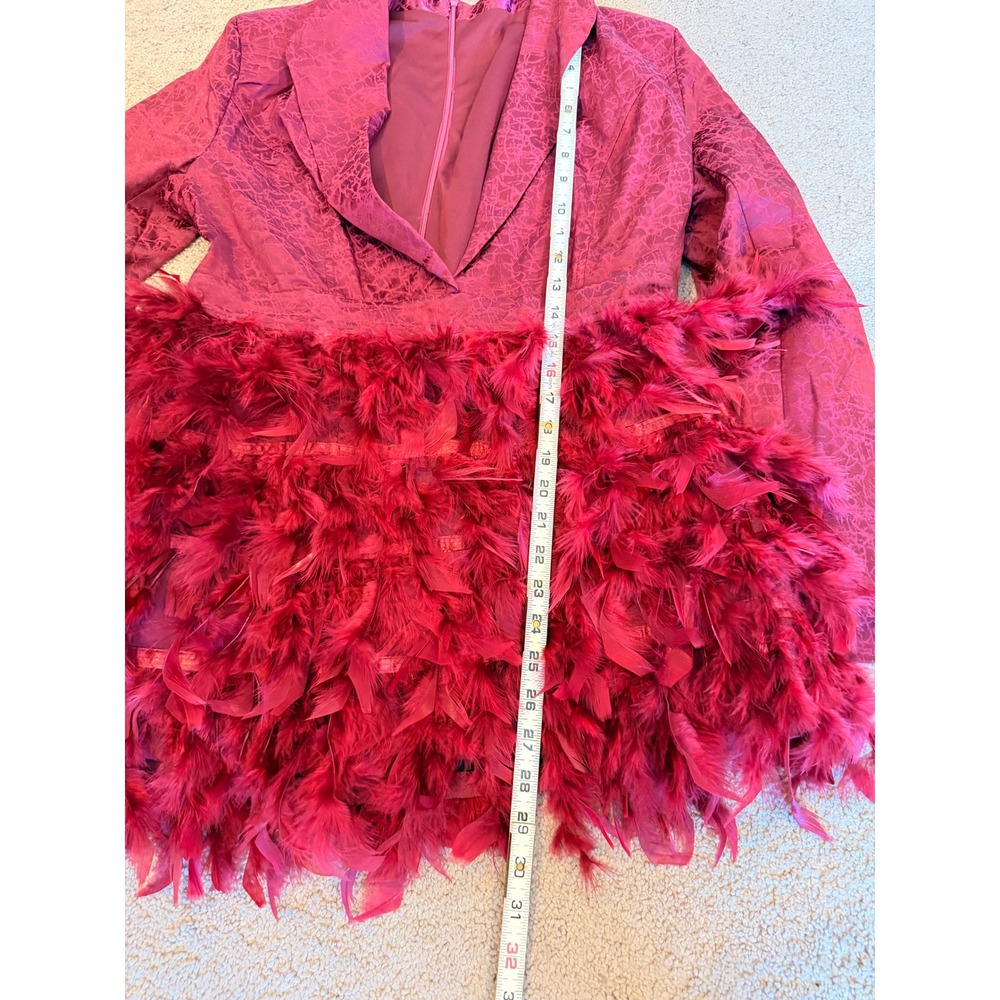 Burgundy Blazer Mini Dress Faux Feather Hem Deep V-Neck Lg Party Cocktail Baddie - Picture 8 of 16